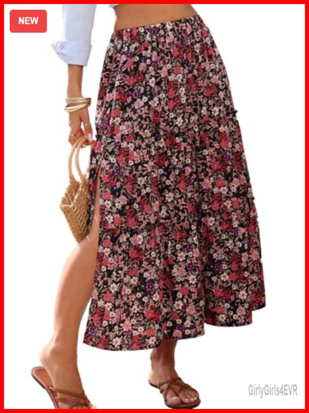 Women's Floral Maxi Skirt Boho Flowy High Waisted A-Line Tiered Ruffle Side